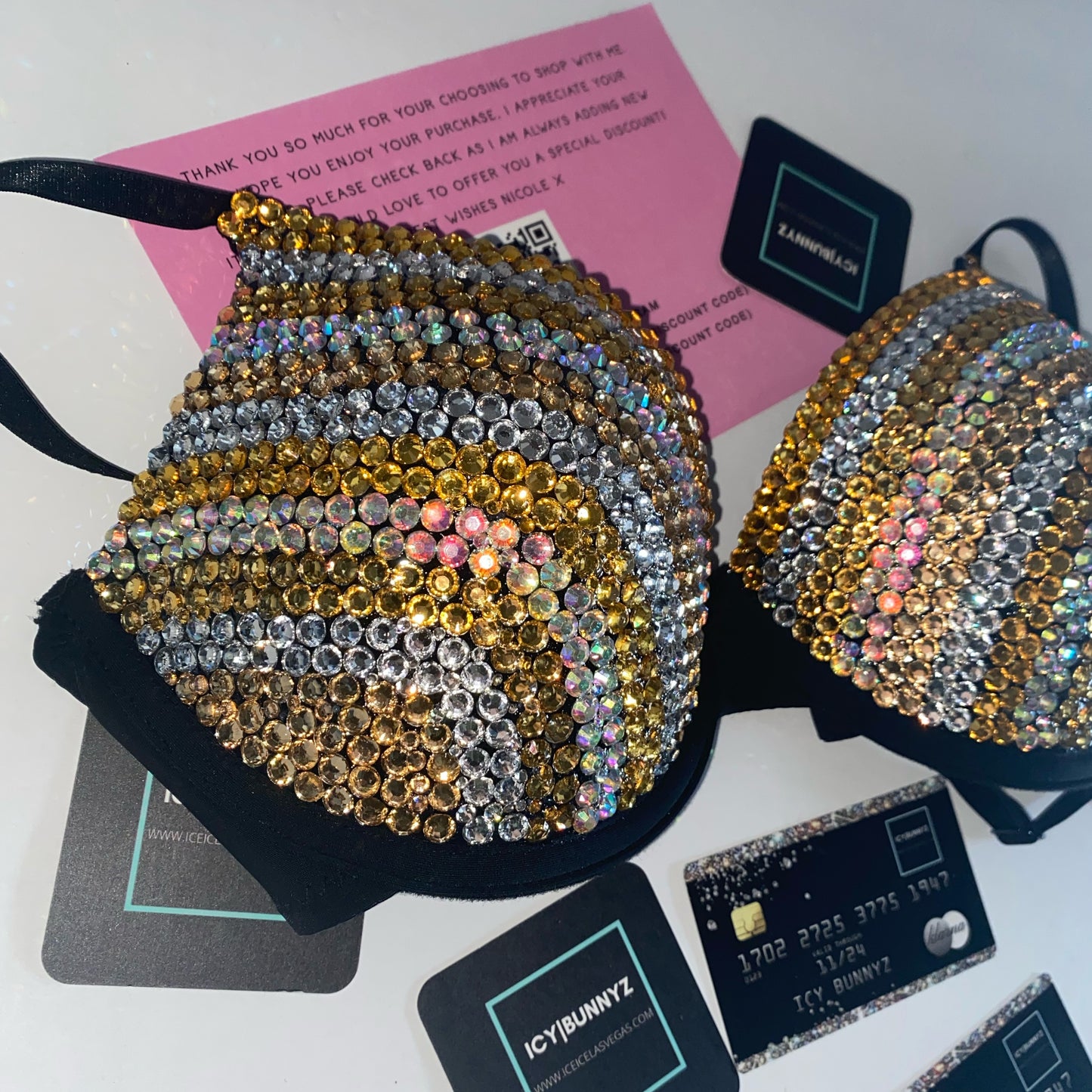 Gold & Black Mix Sidestripe Crystal Rhinestone T-Shirt Bra In Black