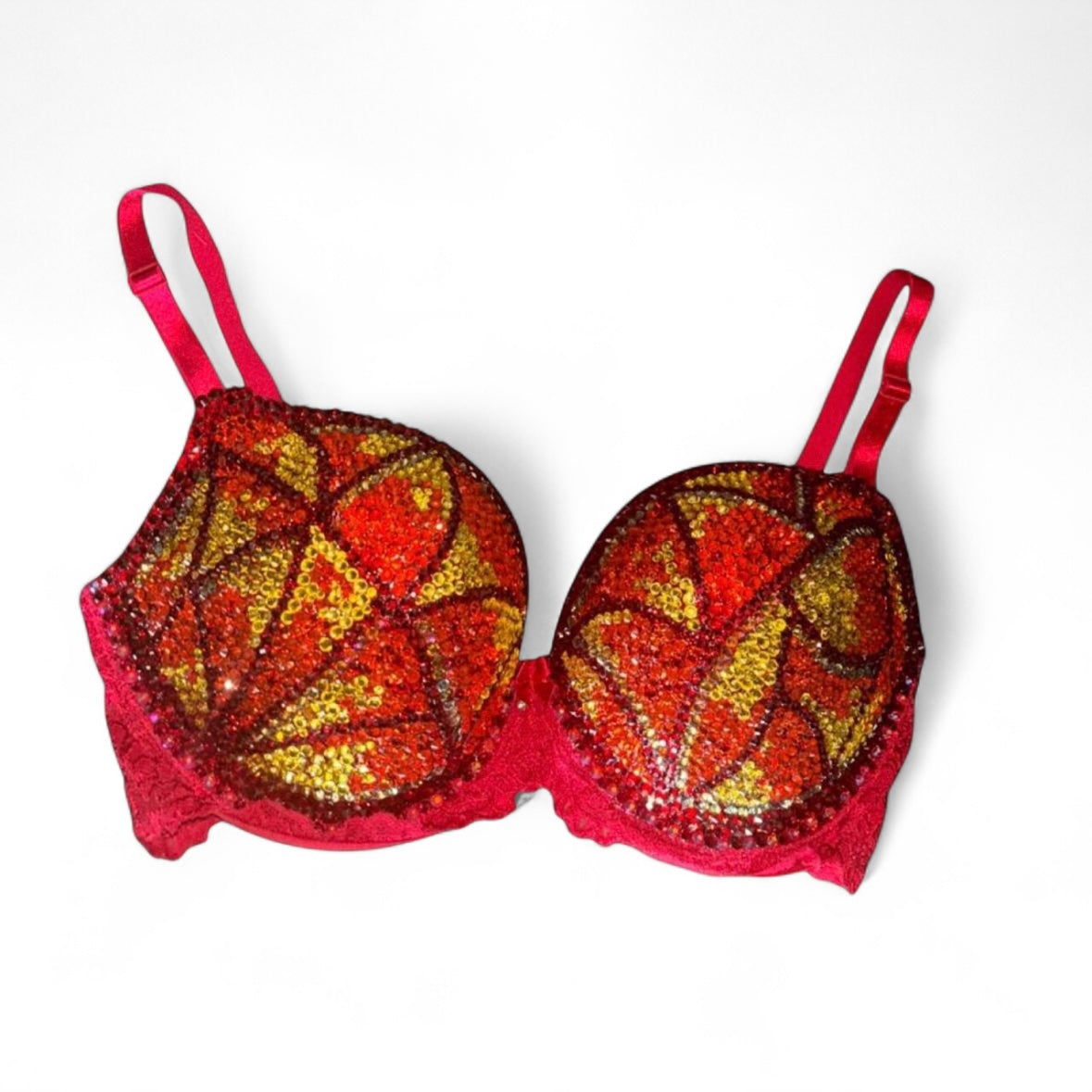 Fire Swirls Red Crystal AB Yellow Orange & Red  Bra Top Size 34DD