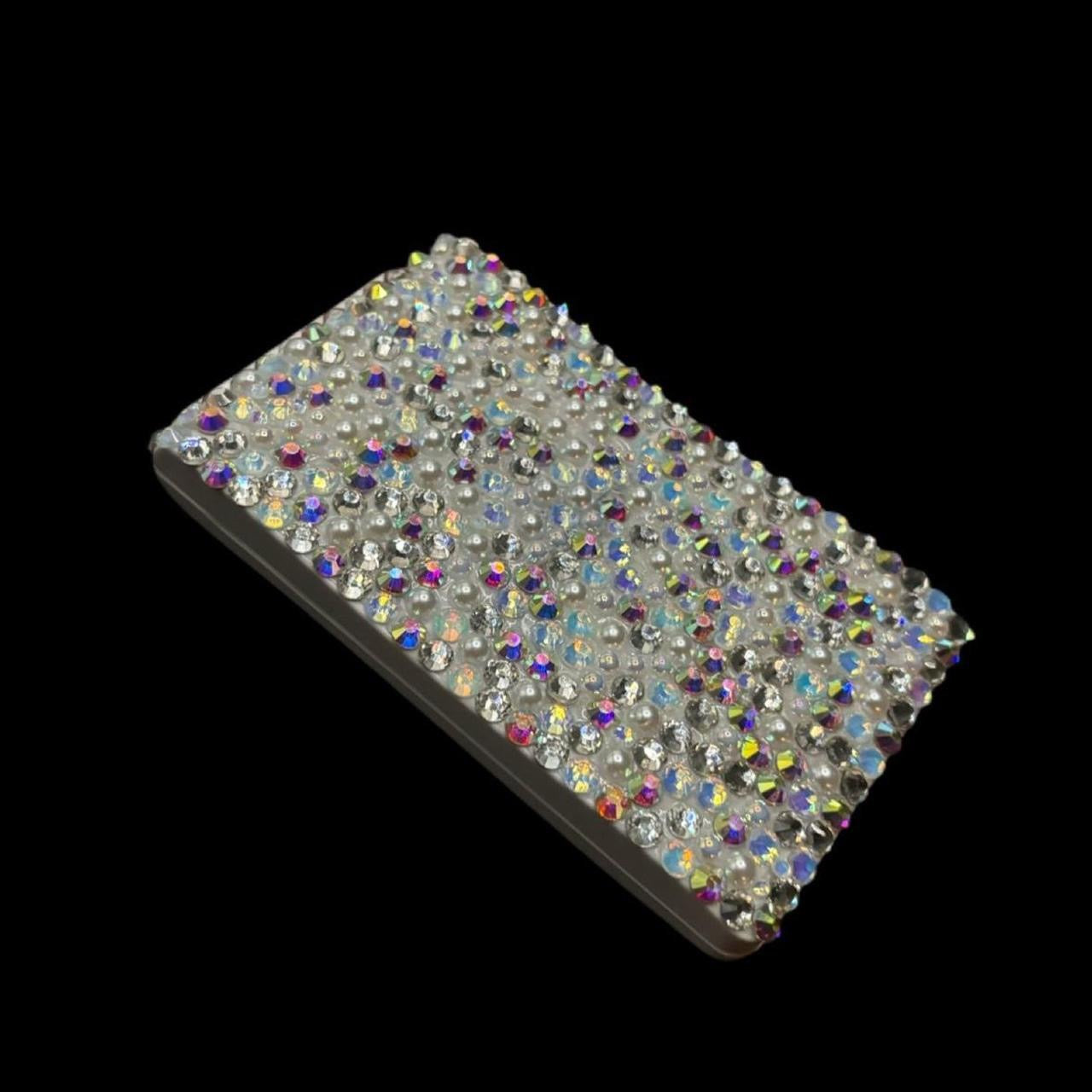 White Luminous Crystal AB Iridescent Luxe Crystals & Pearls Bling Compact Mirror