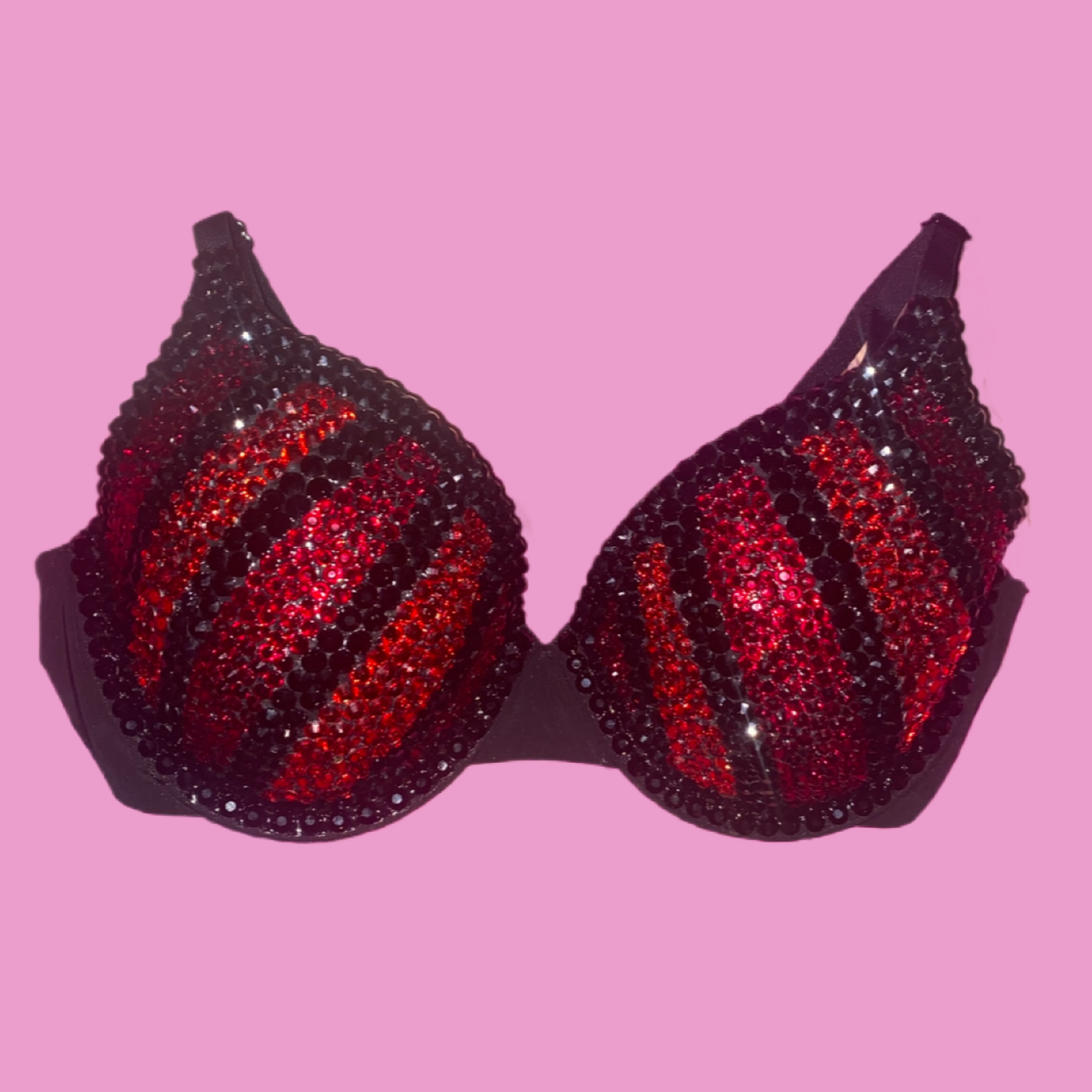 Siam Red & Black Rhinestone Crystal Pin Stripe T-Shirt Bra In Black