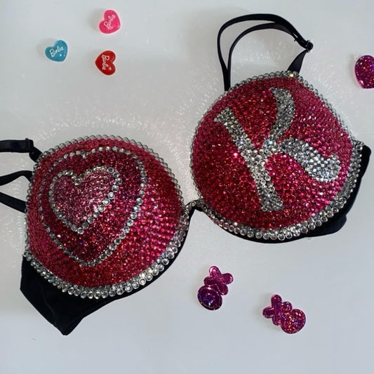 Pink Rhinestone Crystal Doll Text T-Shirt Bra In Black