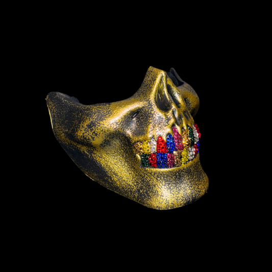 Vintage Gold Half Skull Mask With Royal Mix Crystal Grillz
