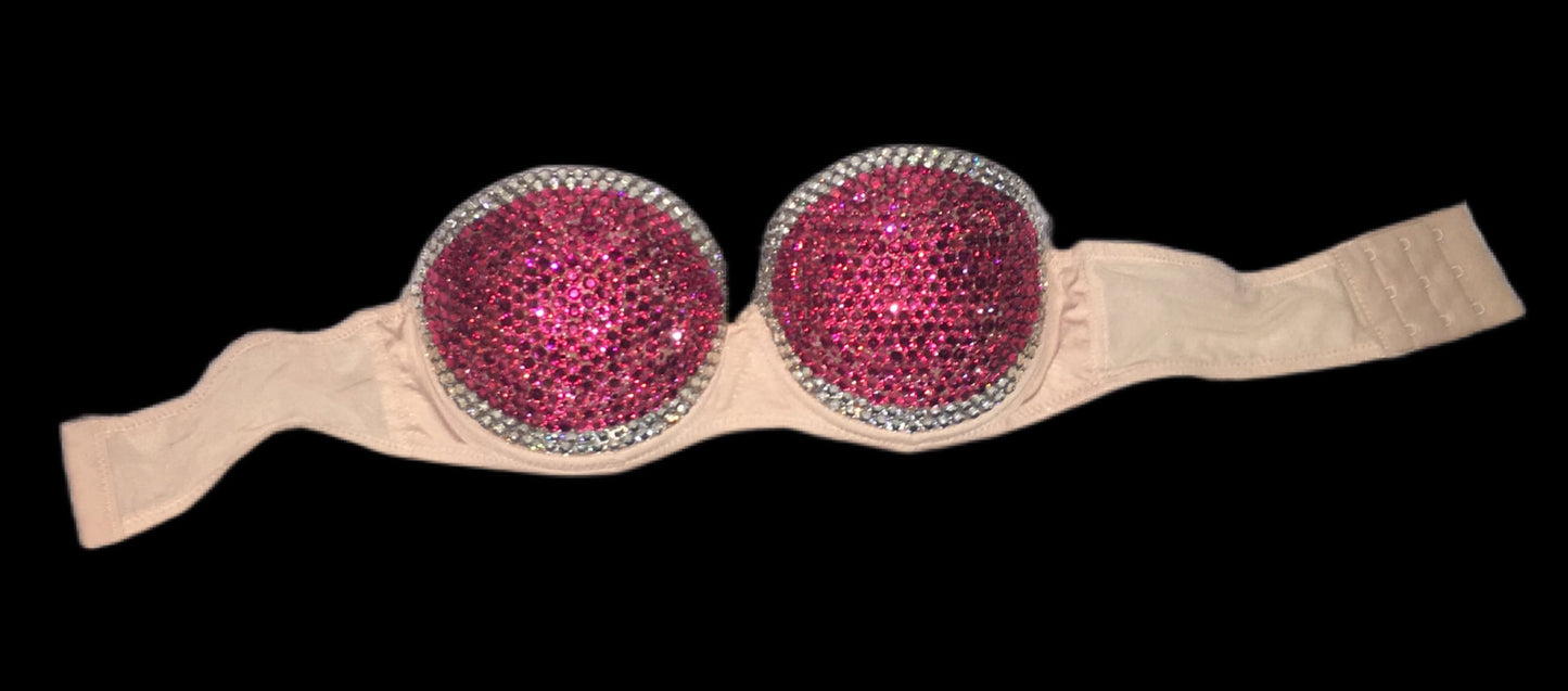 Hot Pink & Crystal Rhinestone Duo Strapless Bra In Nude