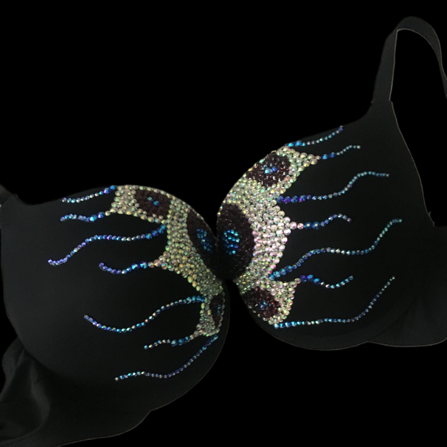 Luxe Crystal Peacock Design T-Shirt Bra In Black