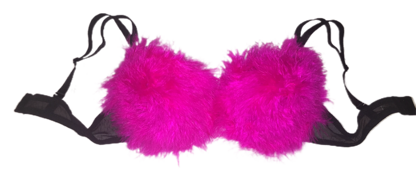 Hot Pink Fluffy Feather Bra In Black