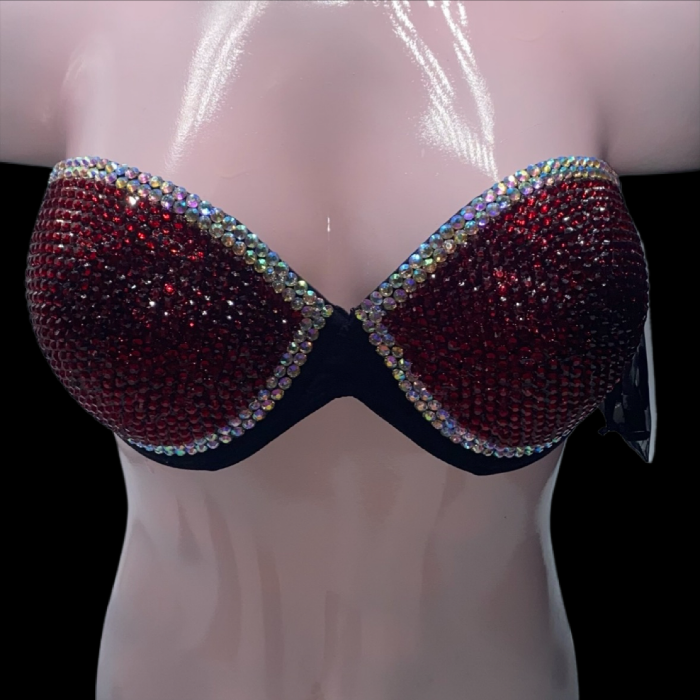 Dark Siam Red Rhinestone & AB Crystal Duo Strapless Bra In Black