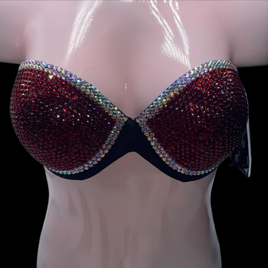 Dark Siam Red Rhinestone & AB Crystal Duo Strapless Bra In Black