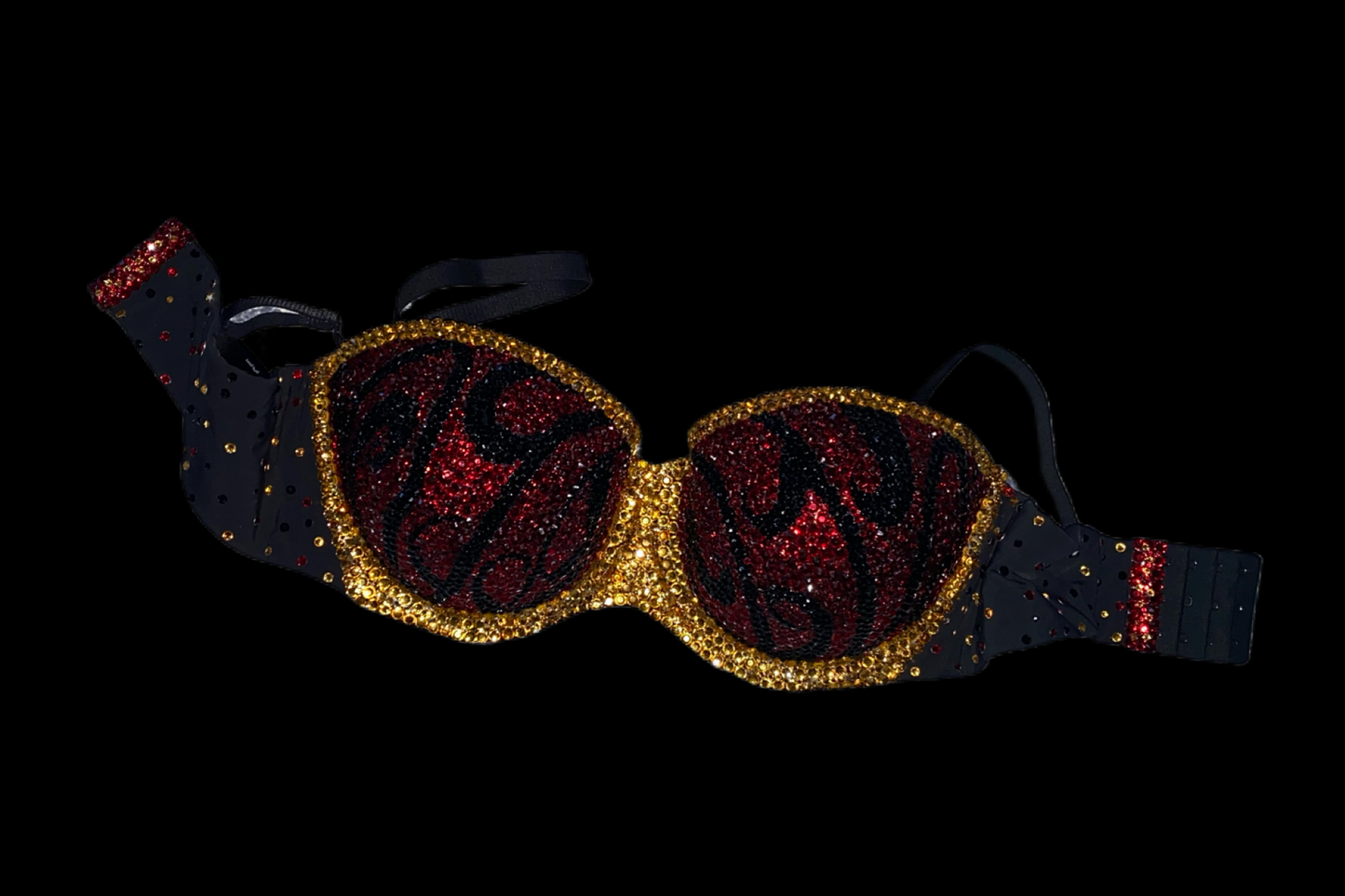 Dark Siam Red & Gold Rhinestone Vintage Swirls Strapless Bra In Black