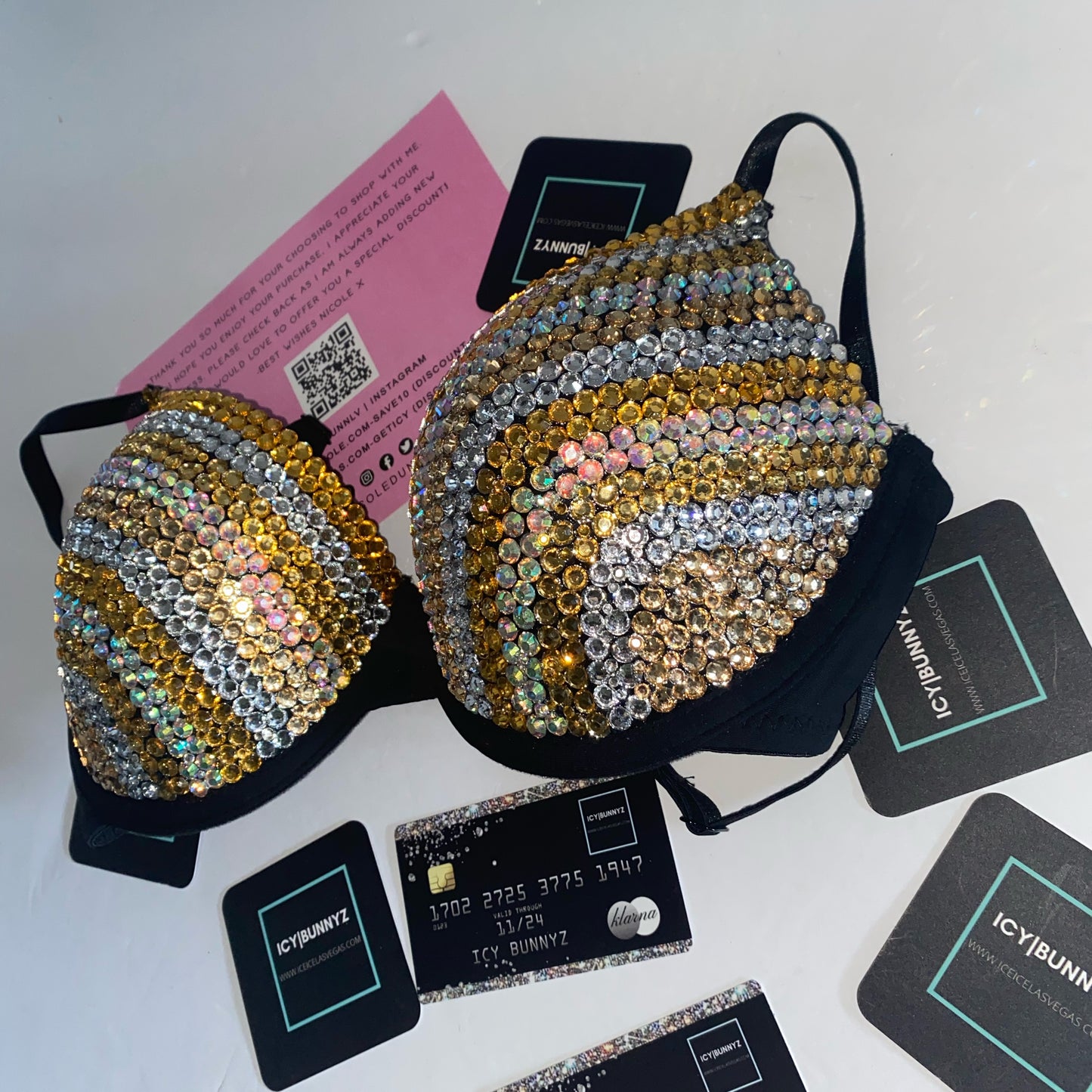 Gold & Black Mix Sidestripe Crystal Rhinestone T-Shirt Bra In Black