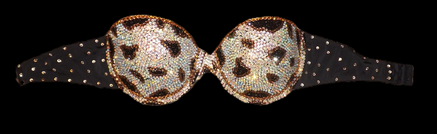 Luxe Crystal Leopard Print Design Strapless Bra In Black