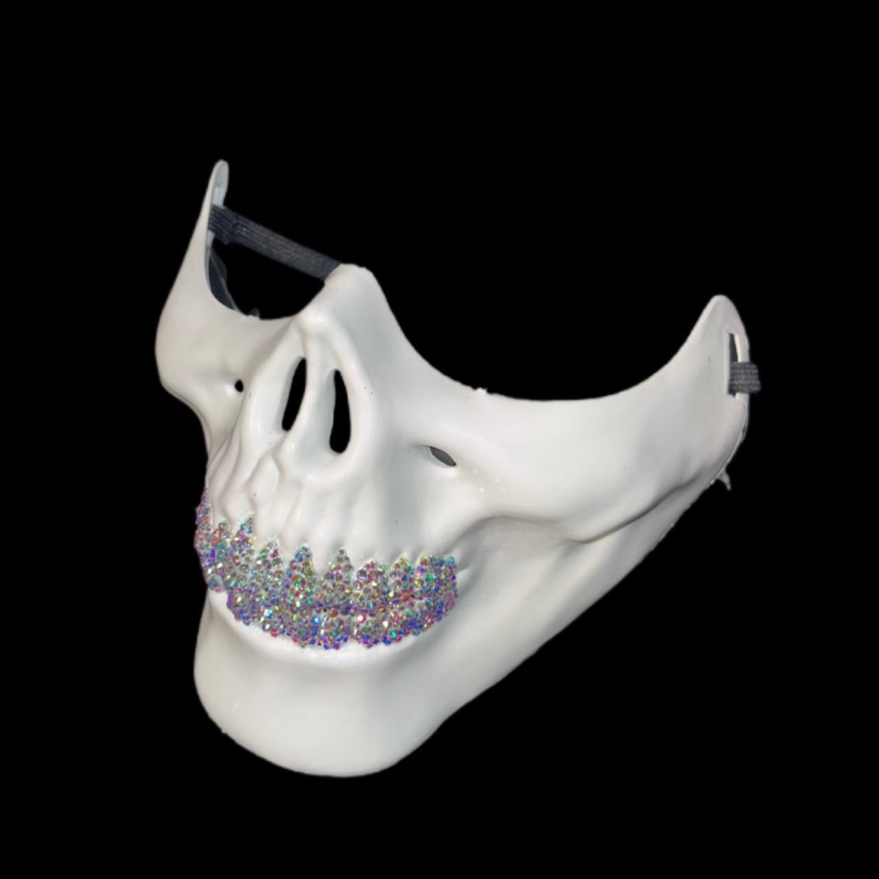 White Half Skull Mask With Crystal AB Iridescent Grillz