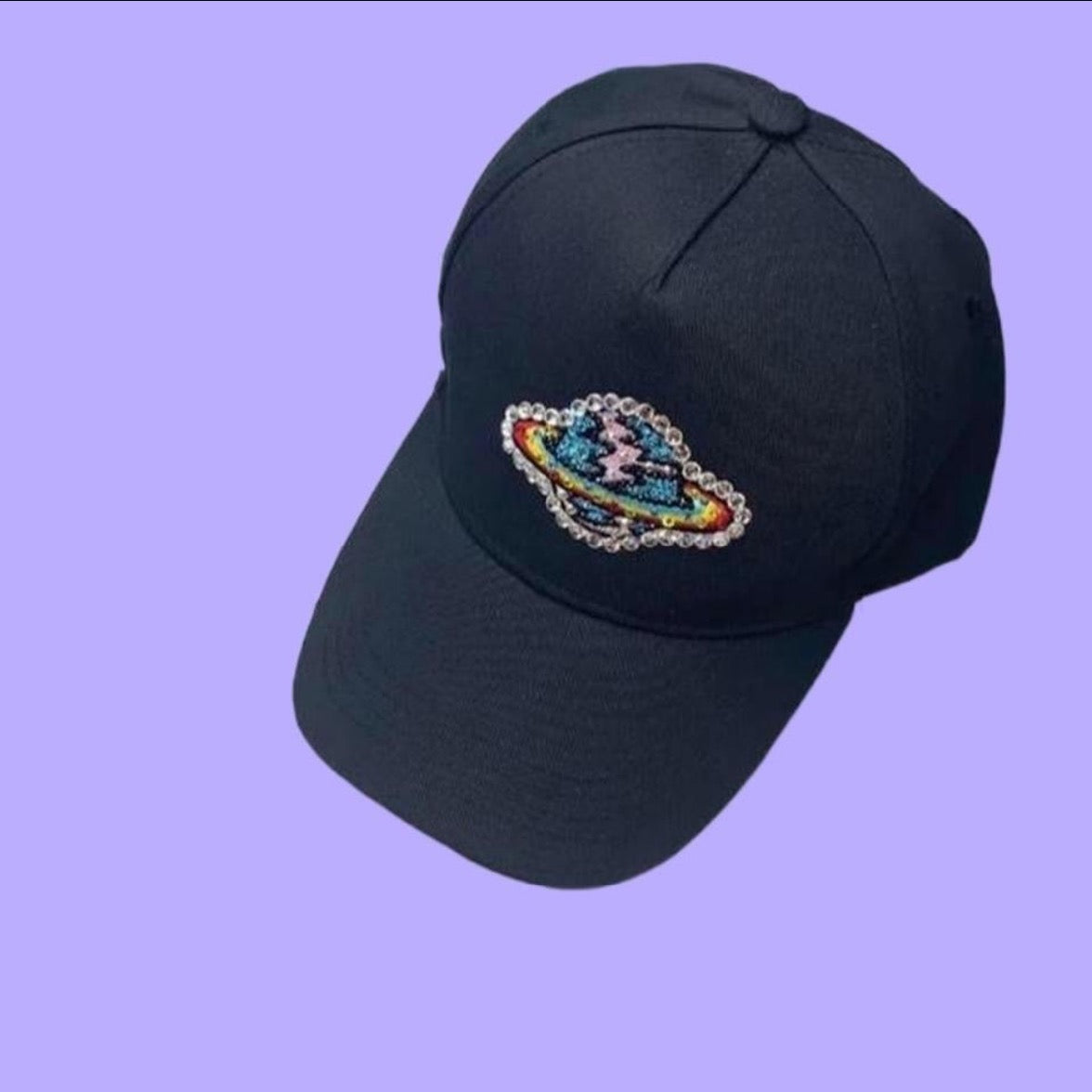 Luxe Crystal Planet Design Black Baseball Hat