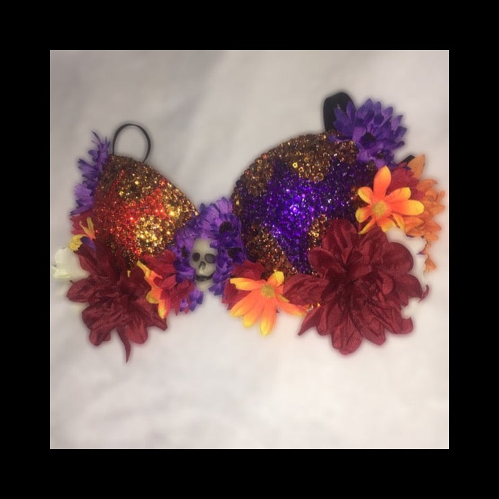 Orange Gold Purple Crystal & Flowers Day Of The Dead T-Shirt Bra In Black