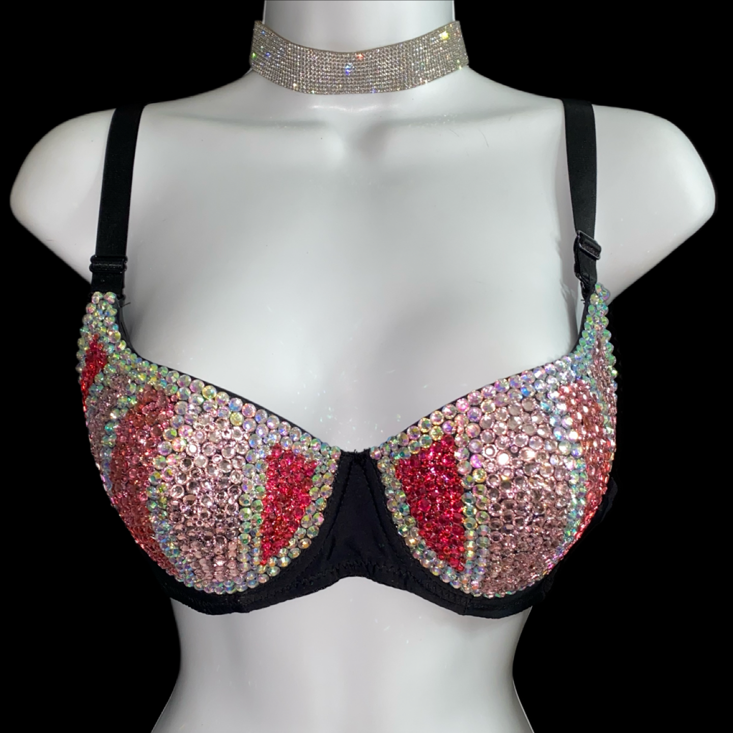 Pink Mix Rhinestone Crystal Pin Stripe T-Shirt Bra In Black