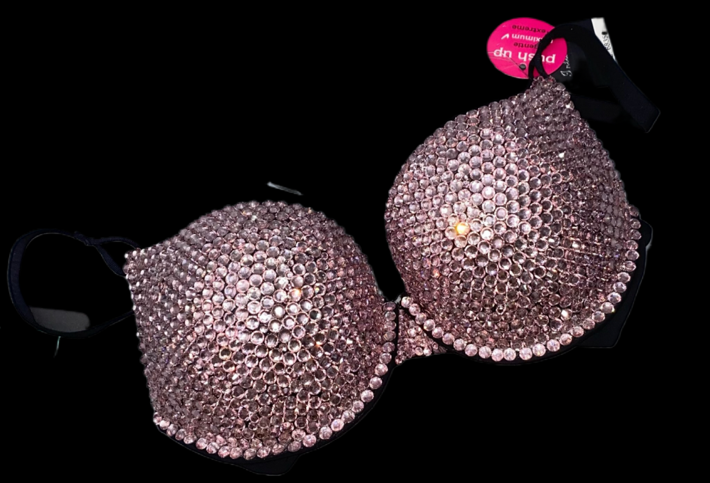 Light Rose Pink Rhinestone Crystal T-Shirt Bra In Black