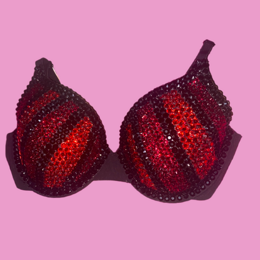 Siam Red & Black Rhinestone Crystal Pin Stripe T-Shirt Bra In Black