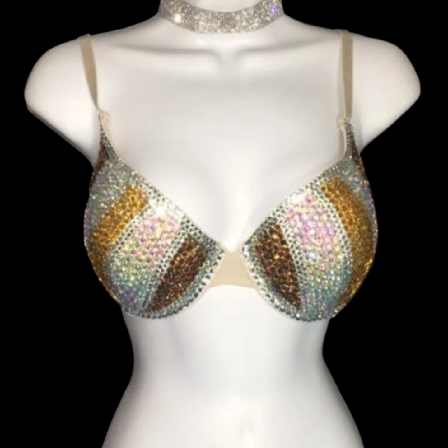 Gold Mix Pinstripe Crystal Rhinestone T-Shirt Bra In Nude