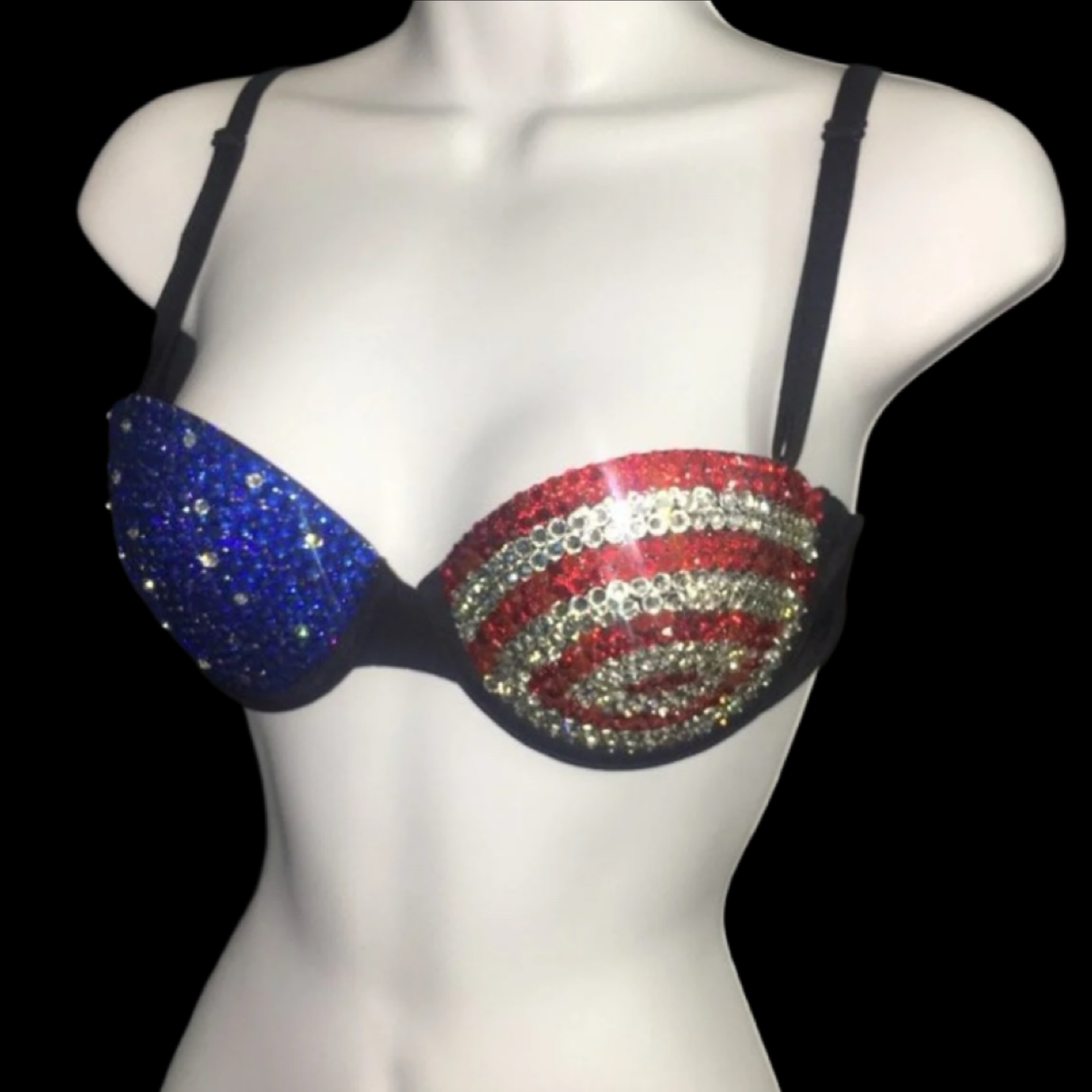 USA Theme Rhinestone Crystal Strapless Bra In Black