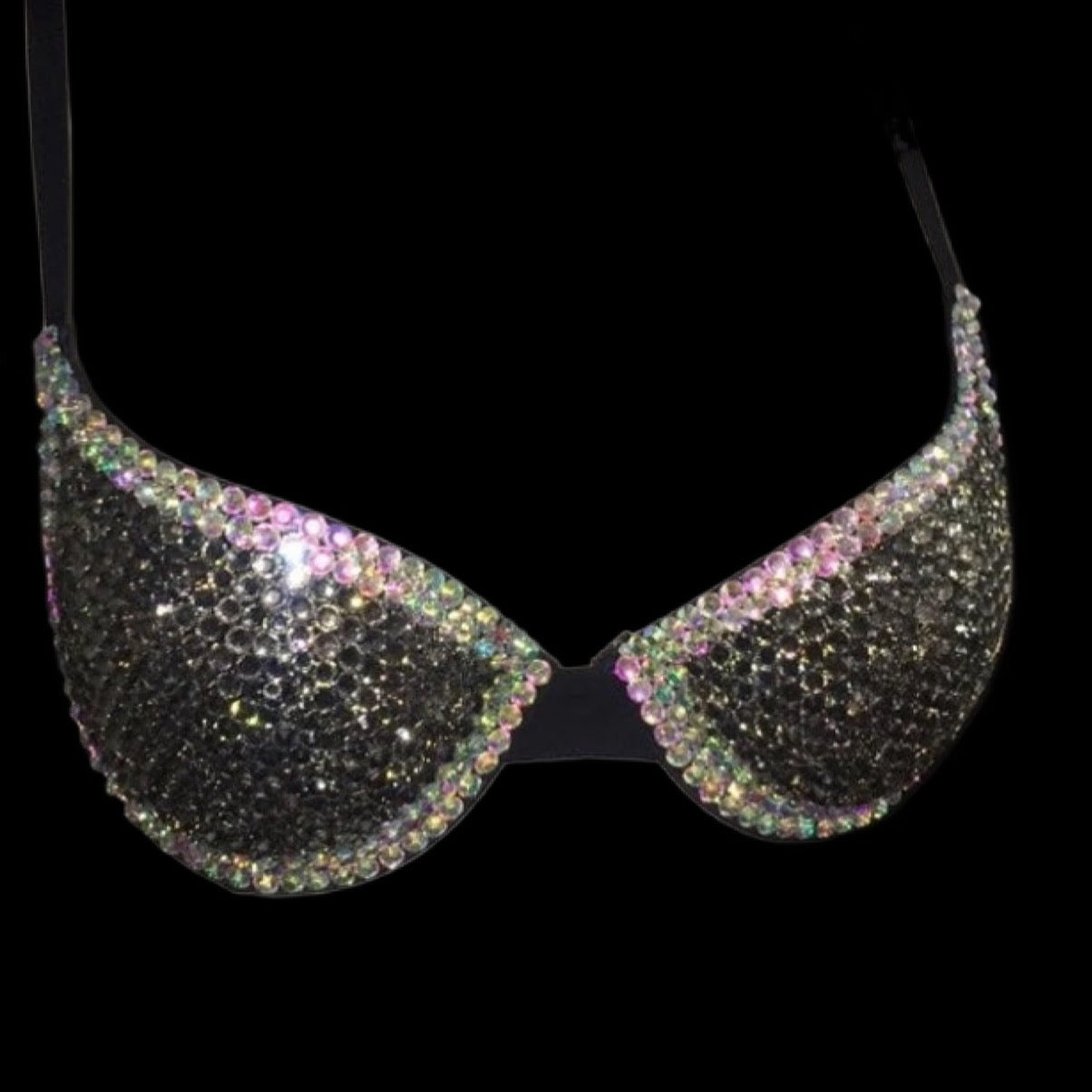 Black Diamond And Crystal AB Iridescent T-Shirt Bra In Black
