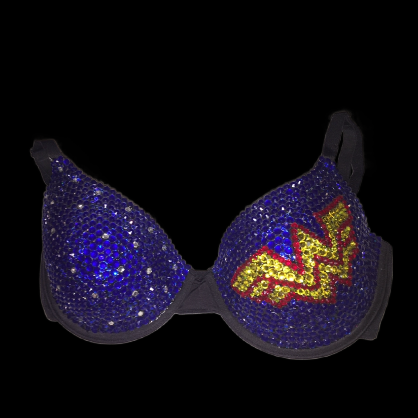 Red Yellow & Blue Crystal Rhinestone Comic Theme T-Shirt Bra In Black