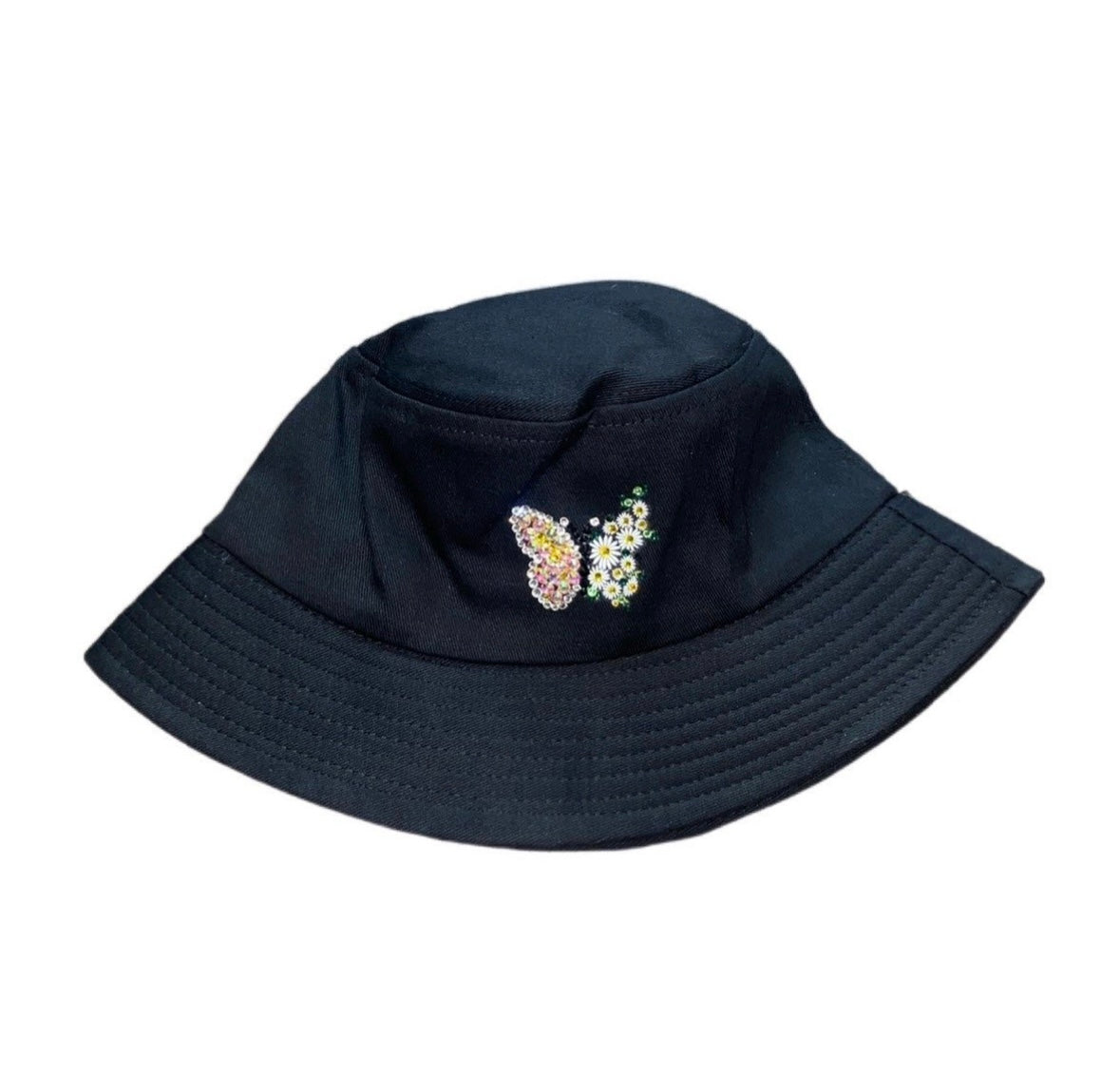 Luxe Crystal Butterfly Bling Black Bucket Hat