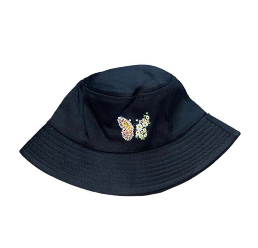 Luxe Crystal Butterfly Bling Black Bucket Hat