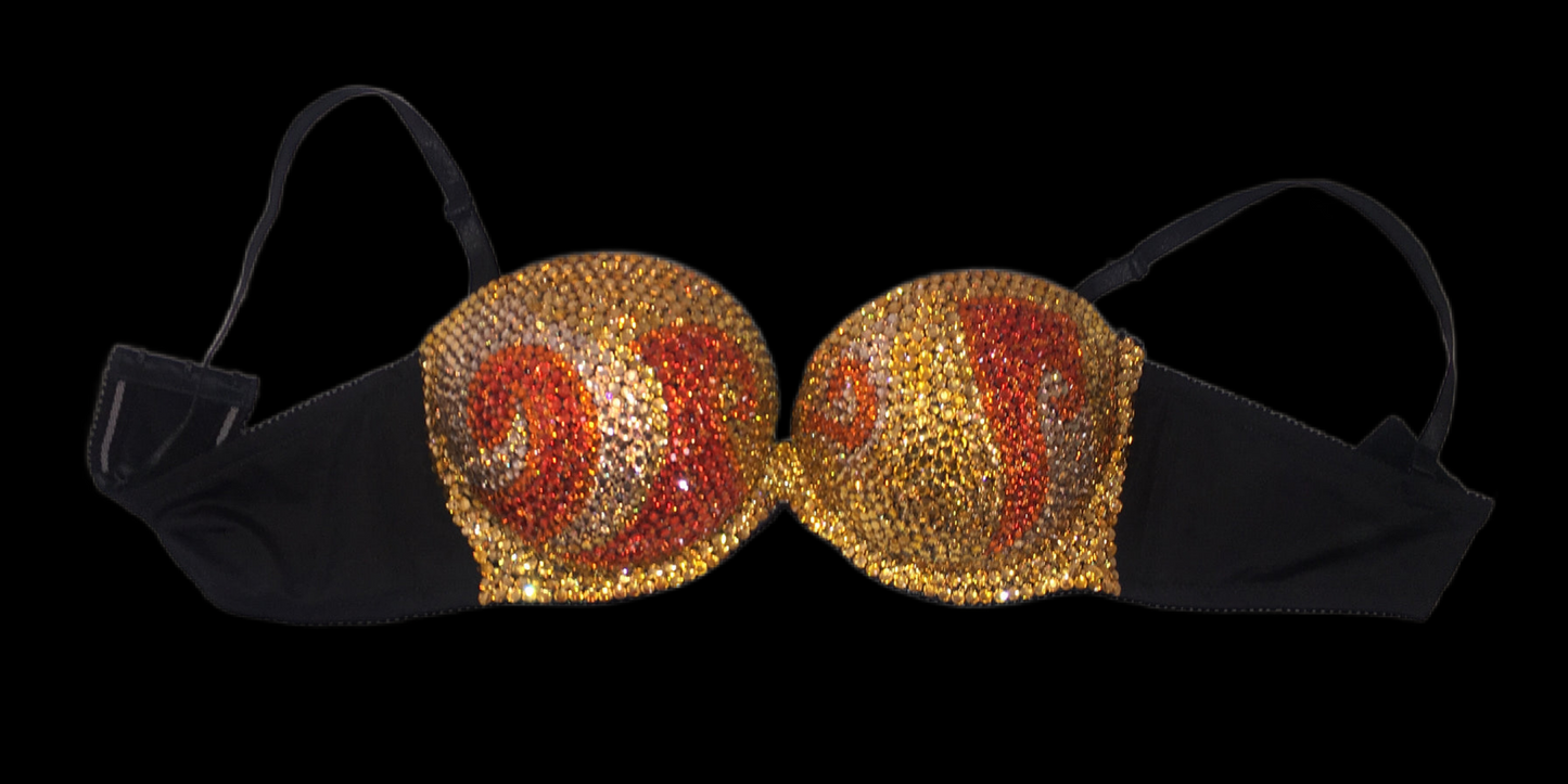 Orange & Gold Crystal Swirls Strapless Bra In Black
