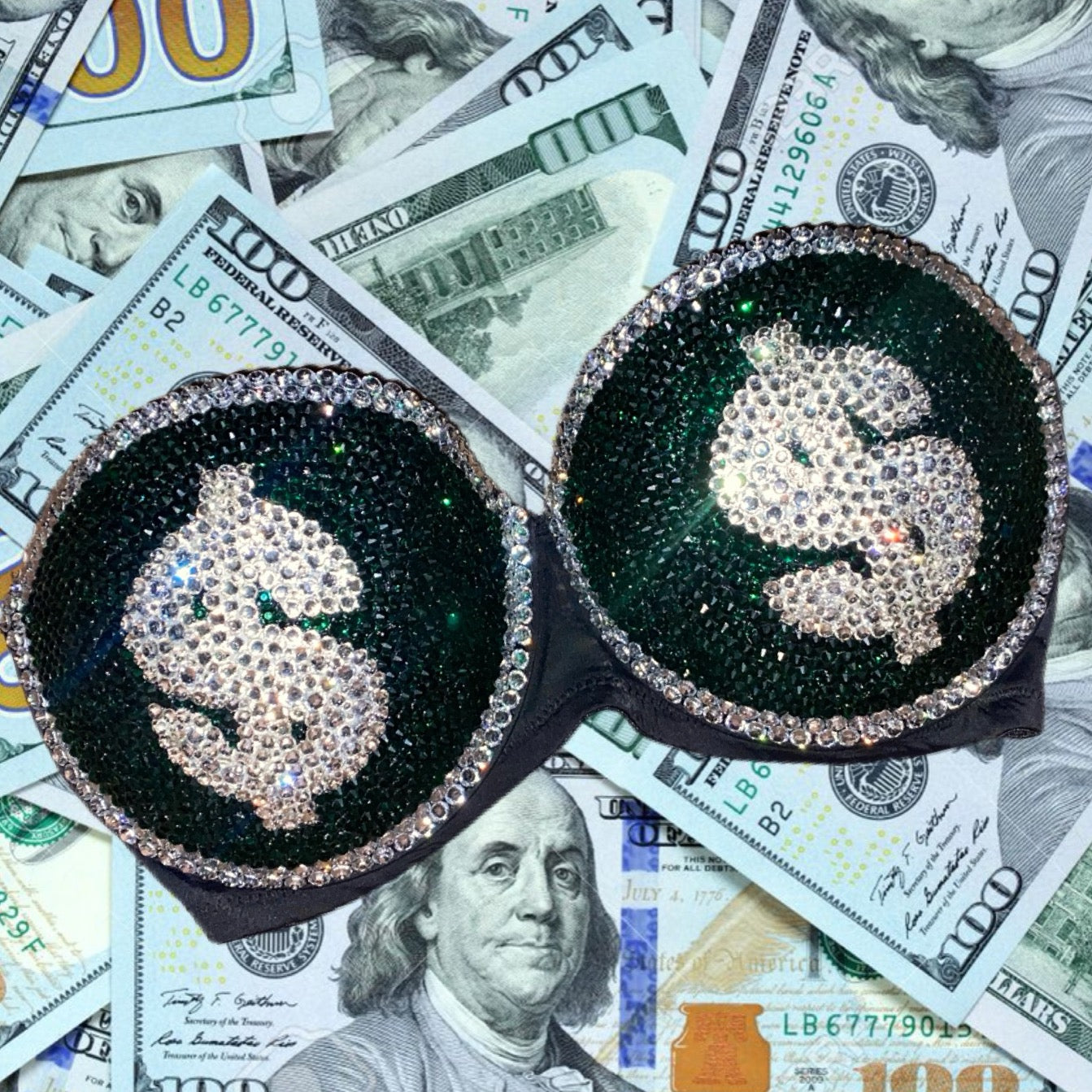 Emerald Green & Luxe Crystal Money Strapless Bra In Black