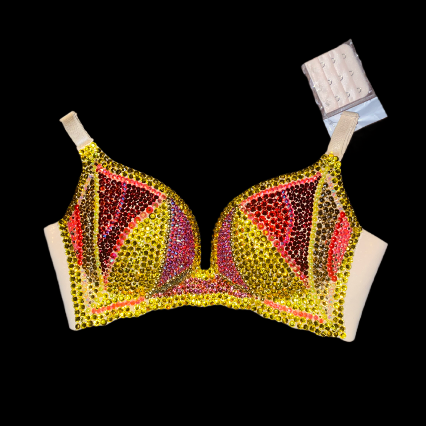 Yellow Crystal & Diamond Swirls Wireless Bra In Nude