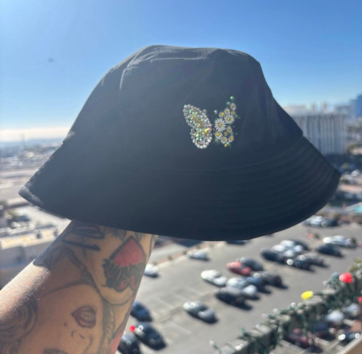 Luxe Crystal Butterfly Bling Black Bucket Hat