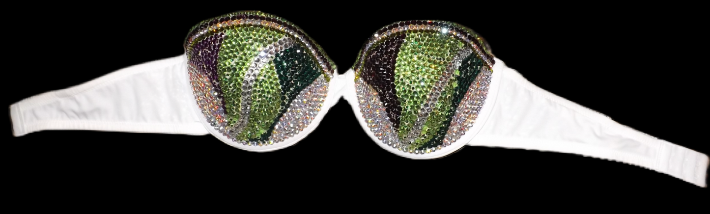 Green Purple Mix Swirls Crystal Rhinestone Strapless Bra In White