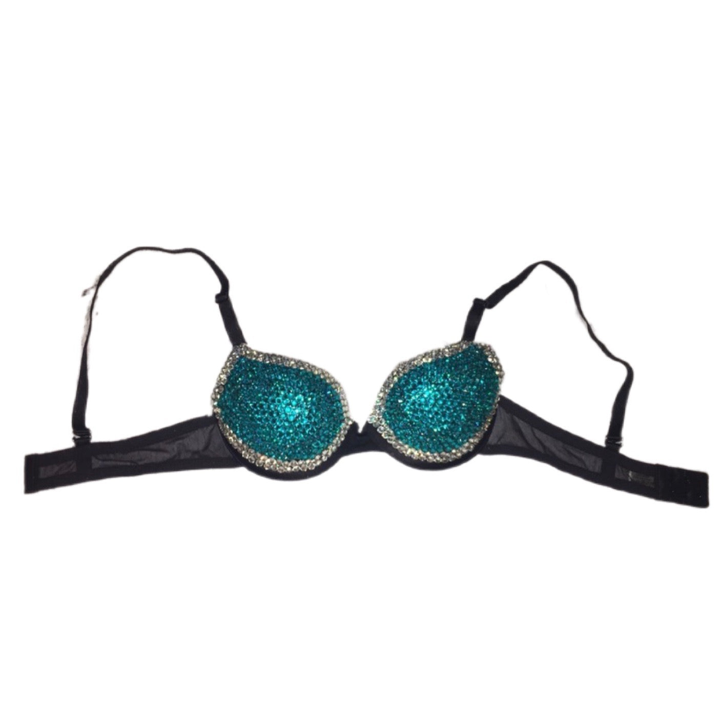 Teal Blue Zircon & Crystal Rhinestone Duo T-Shirt Bra In Black
