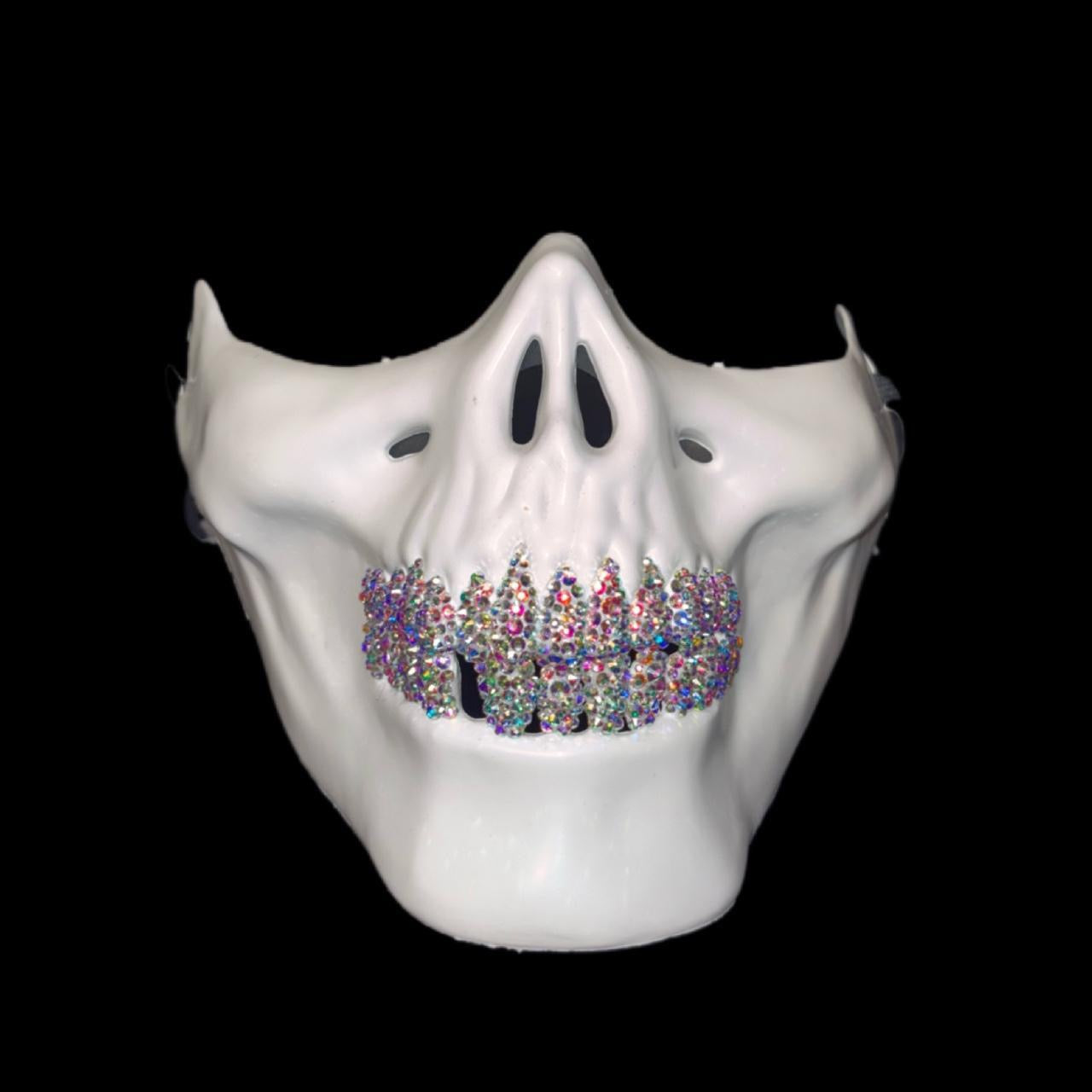 White Half Skull Mask With Crystal AB Iridescent Grillz