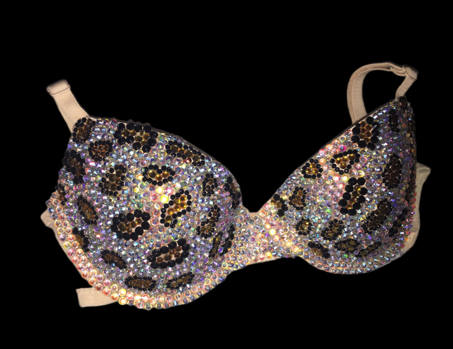 Luxe Crystal Leopard Print Design T-Shirt Bra In Black