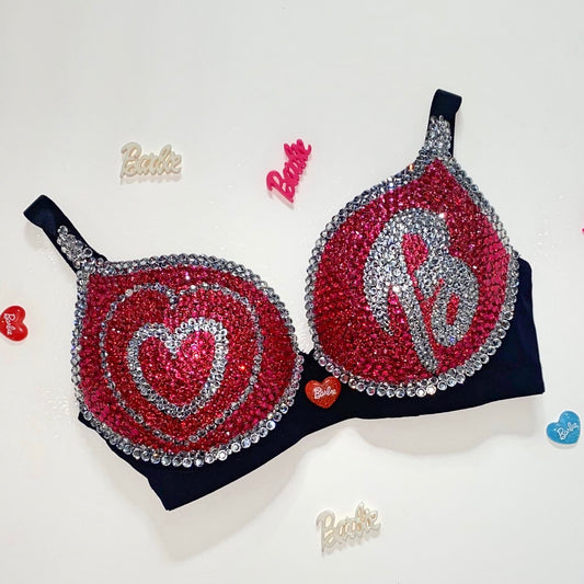 Pink Rhinestone Crystal Doll Text T-Shirt Bra In Black