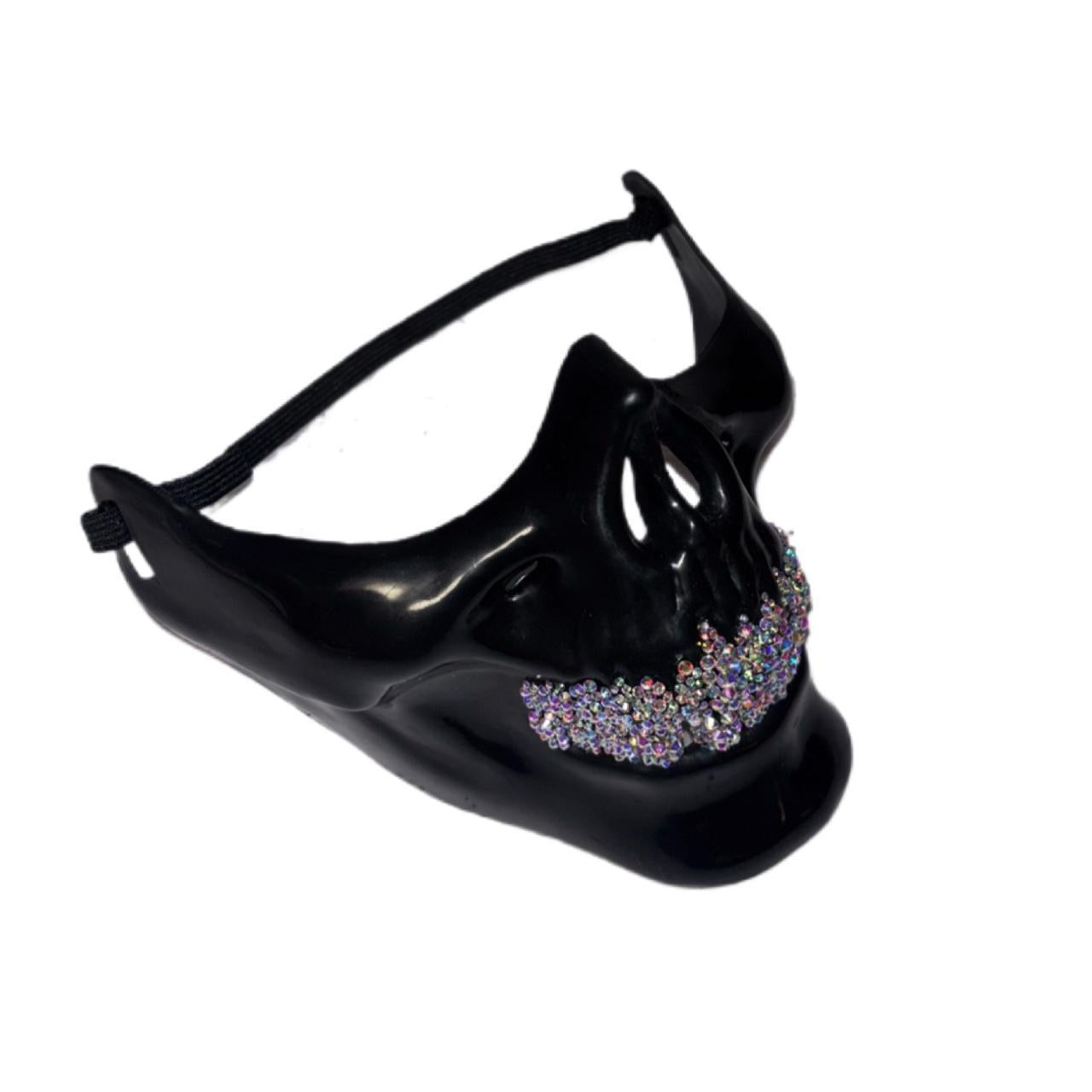 Black Half Skull Mask With Crystal AB Iridescent Grillz