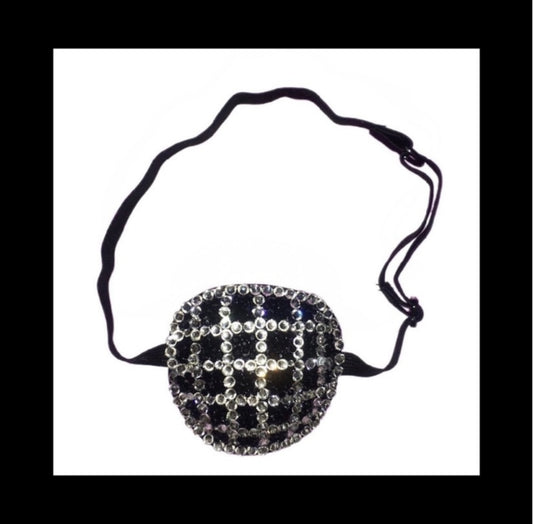 Jet Black & Crystal Diamond Criss Cross Design Padded Adjustable Eye Patch