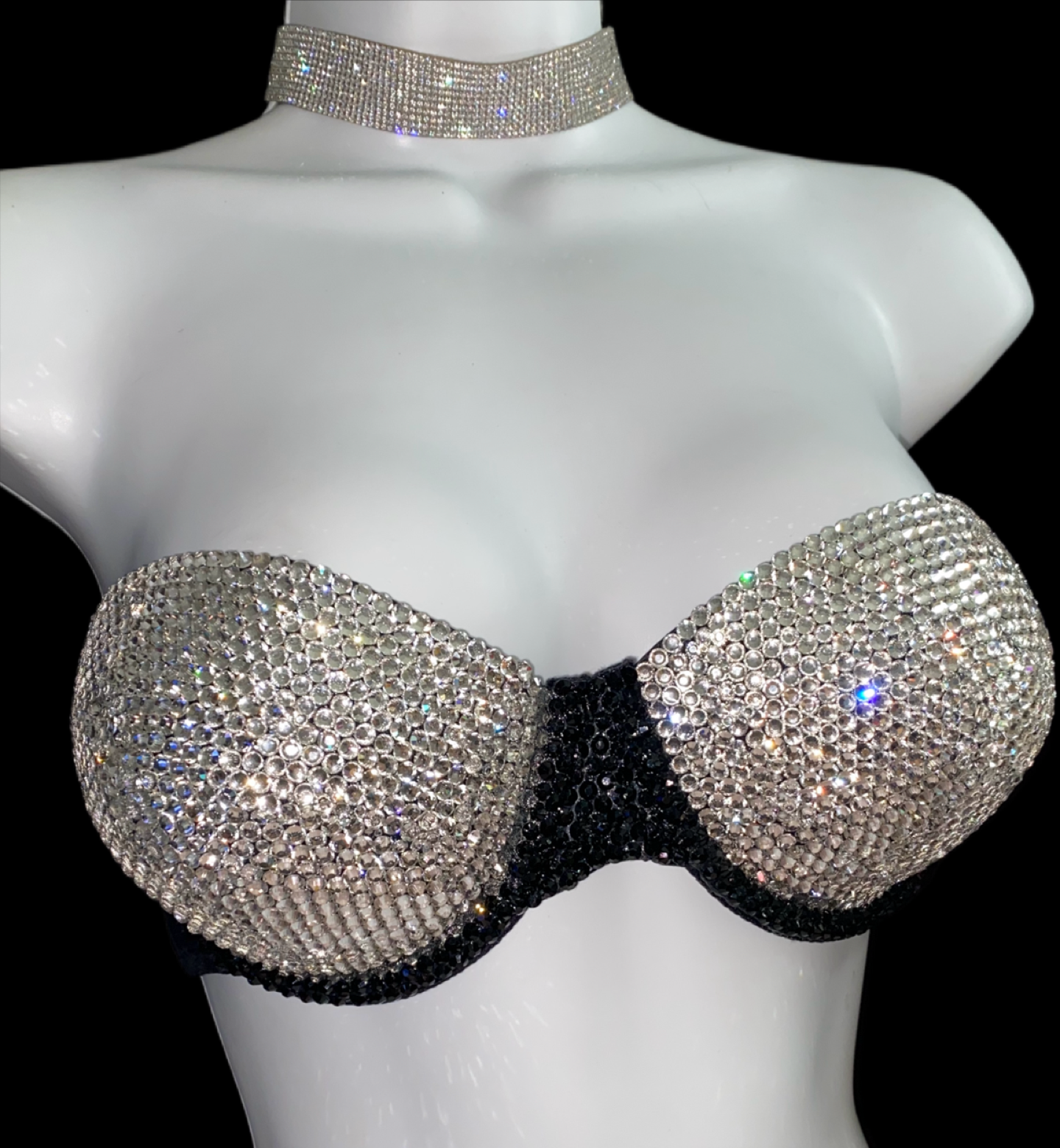 Luxe Crystal Diamond & Jet Black Strapless Bra In Black