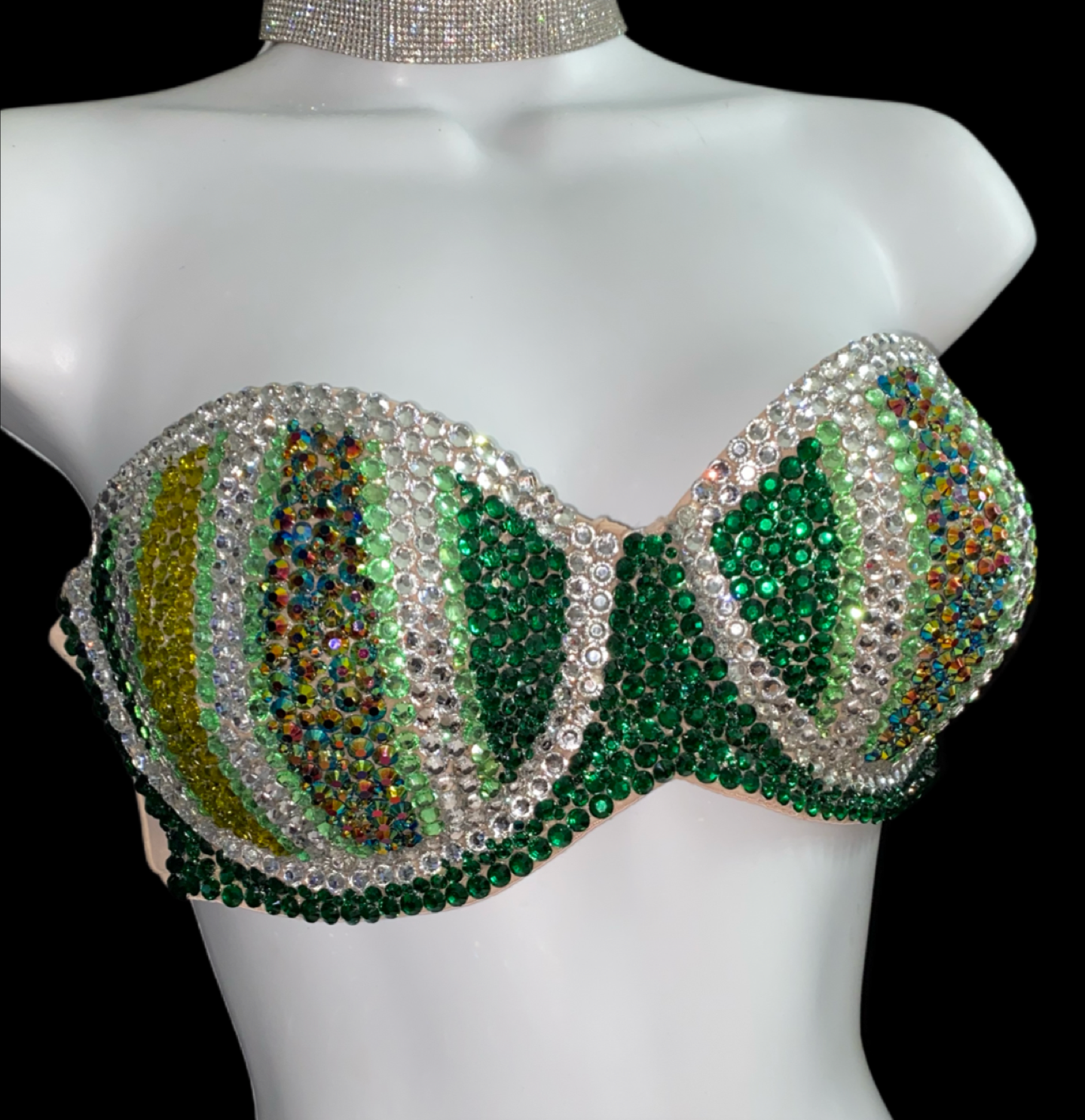Green Pin Stripe Crystal Rhinestone Strapless Bra In Nude