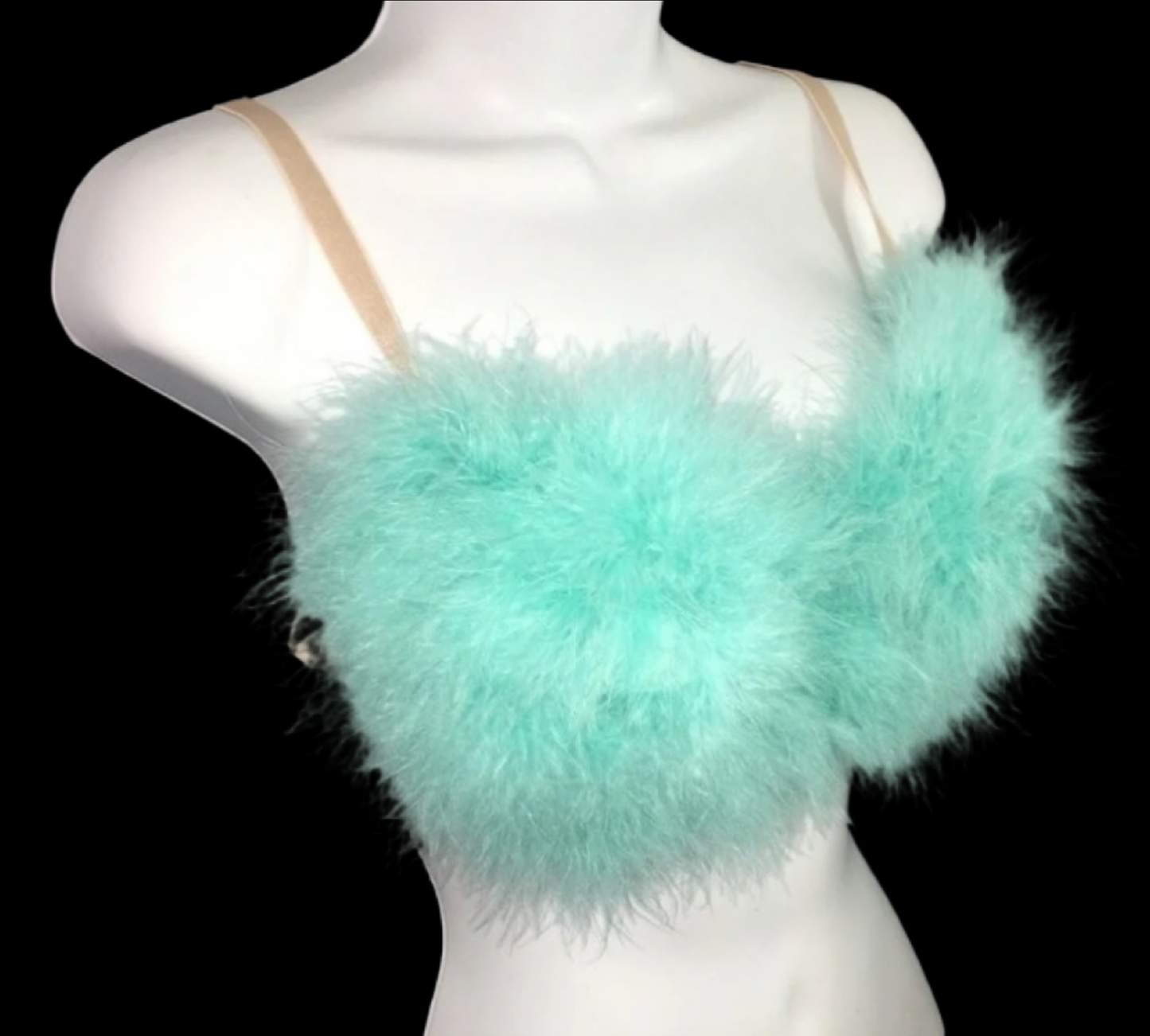 Turquoise Blue Fluffy Feather Bra In Nude