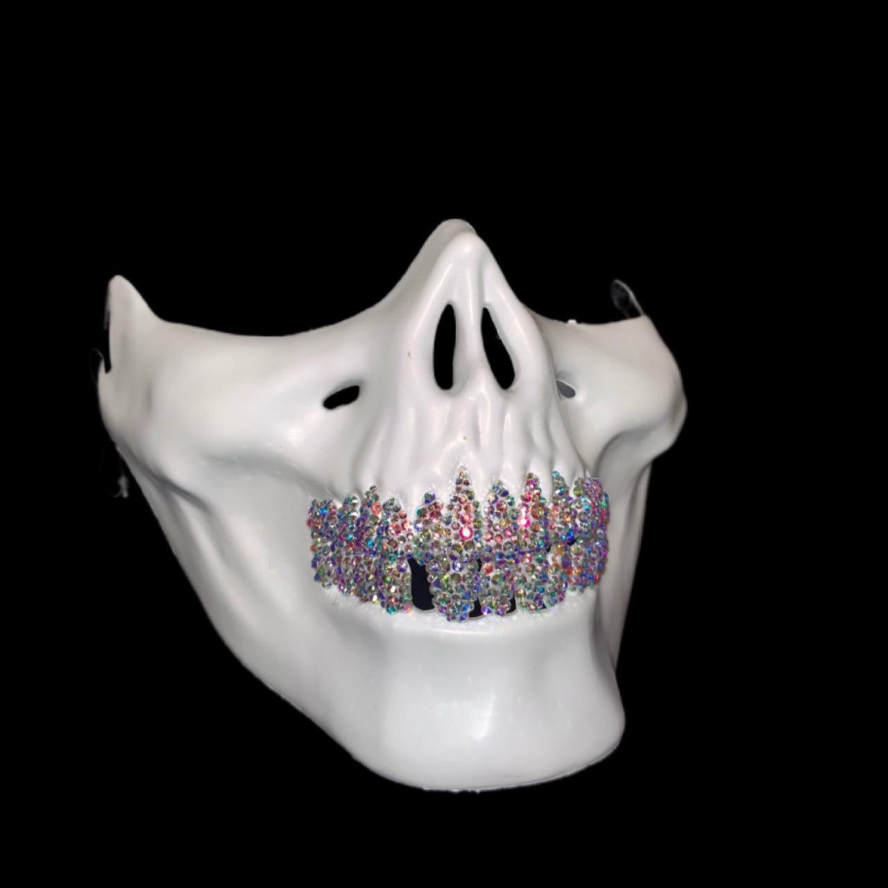 White Half Skull Mask With Crystal AB Iridescent Grillz