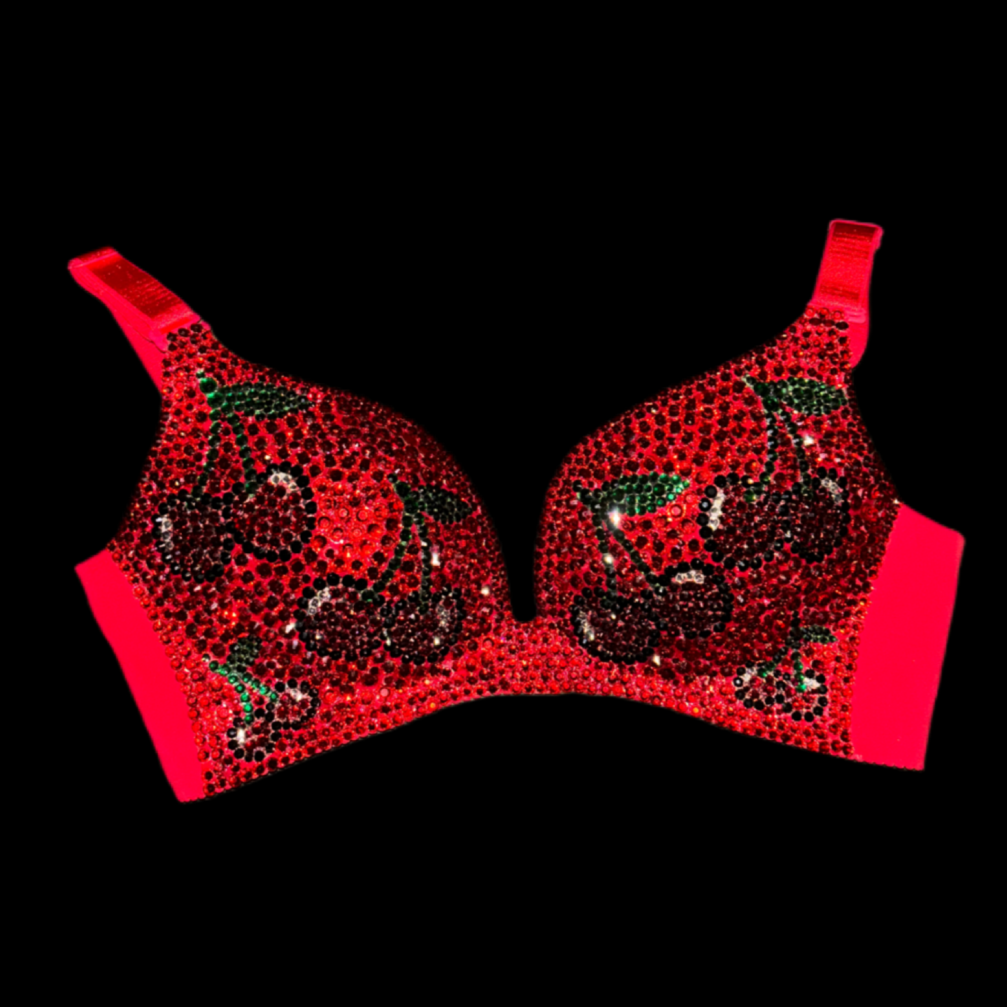 Red Cherries Rhinestone Crystal Wireless Bra In Red
