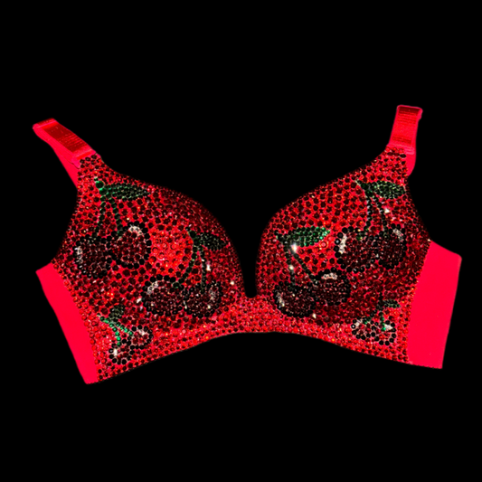 Red Cherries Rhinestone Crystal Wireless Bra In Red