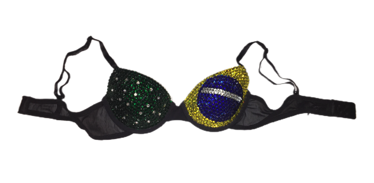 Green Yellow & Blue Crystal Rhinestone Brazil Theme T-Shirt Bra In Black