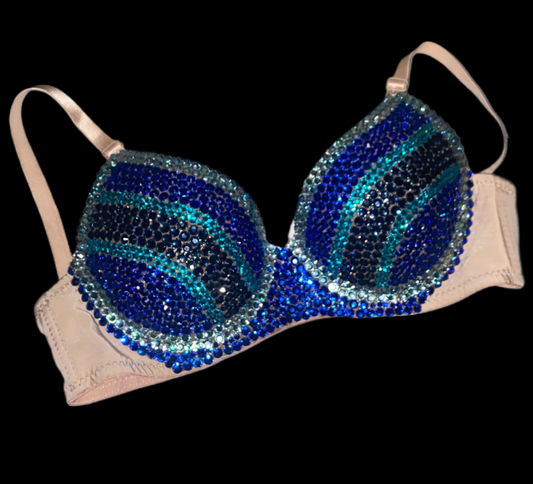 Blue Mix Crystal Rhinestone Side Stripe T-Shirt Bra In Nude