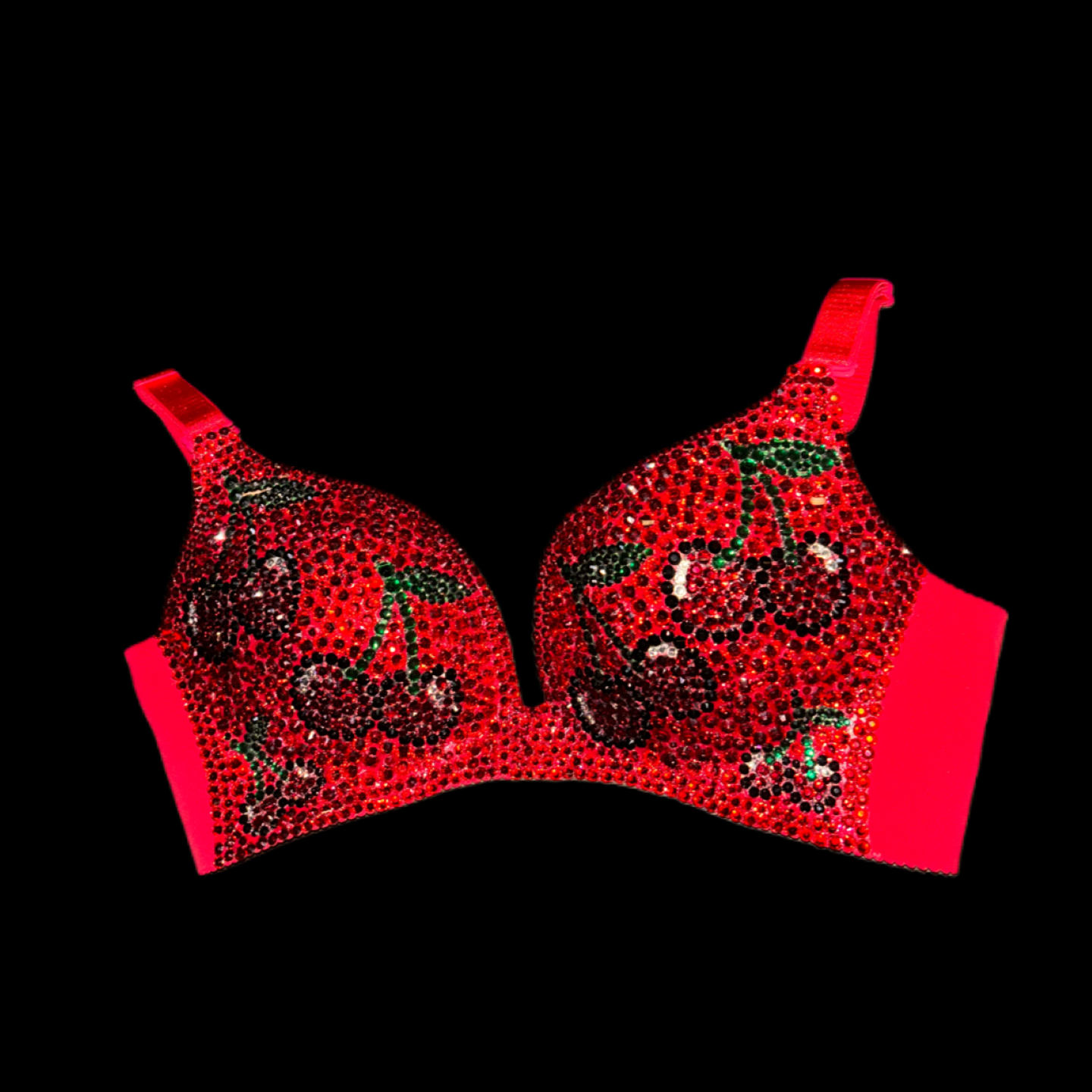 Red Cherries Rhinestone Crystal Wireless Bra In Red