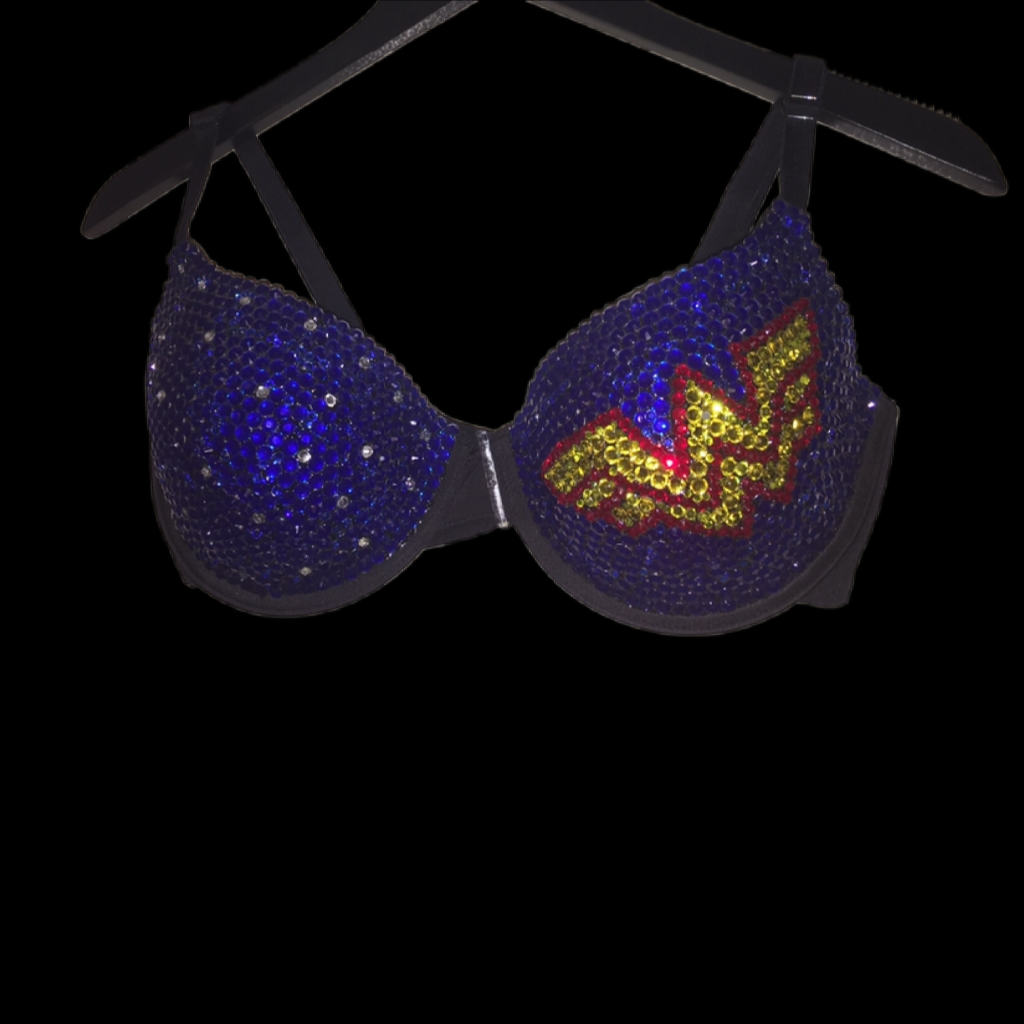 Red Yellow & Blue Crystal Rhinestone Comic Theme T-Shirt Bra In Black