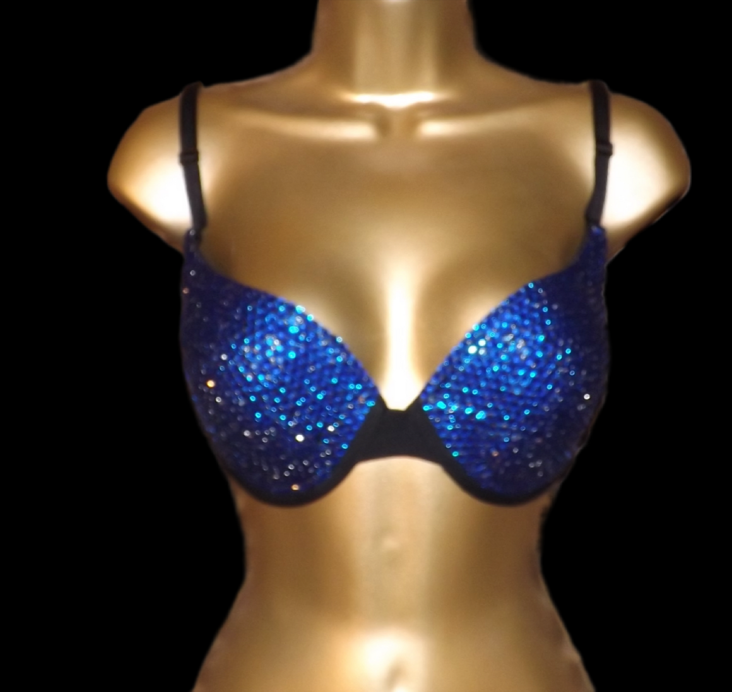 Sapphire Blue Crystal Rhinestone T-Shirt Bra In Black