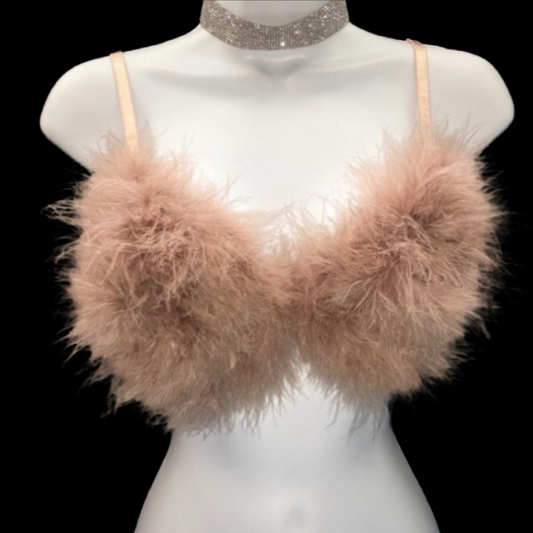 Mink Fluffy Feather Bra In Nude