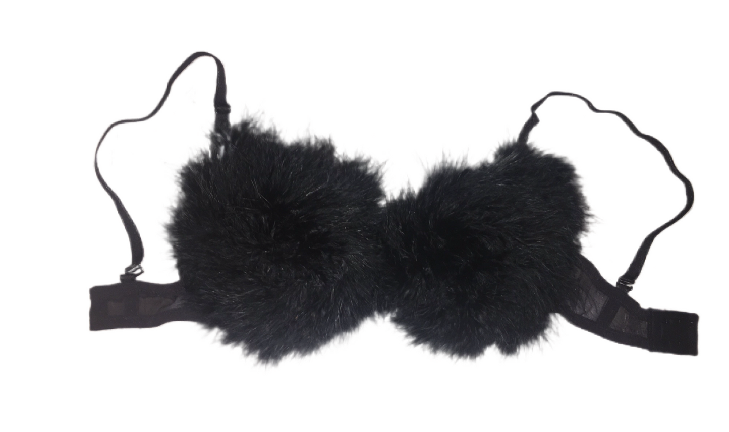 Black Fluffy Feather Bra In Black